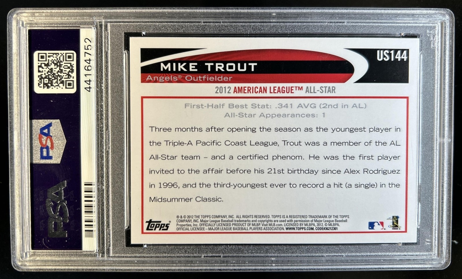 2012 Topps Update Mike Trout #US144 Angels PSA 10 GEM MINT view 2