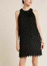 ANTHROPOLOGIE Black Roxie Textured Feathered Fringe Mini Party Dress Size 14