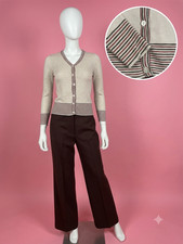 Vintage 1970s Girls Cream Color Cardigan With Brown Stripe Accents Size 8/10