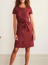 Boden Beatrice Ponte Shift Dress Button Down Tie-Waist Short Sleeve Burgundy 12L