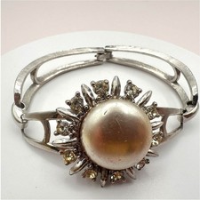 Vintage 80s Silver Tone Faux Pearl Sunburst Bangle Bracelet Rhinestone Jewelry