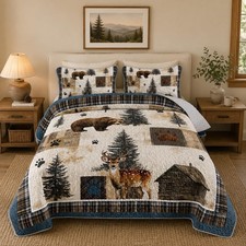 Bear Deer Quilt Set King Size,Rustic Animal Bear Paw Printed Bed Cover Set for