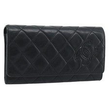 CHANEL Matelasse Long Wallet Lamb Skin Black Silver CC Auth 180932