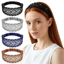 4Pcs Wide Lace Boho Headbands for Women, Crochet Extra Wide Headband Stretch Tri