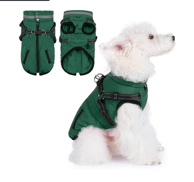 Green Waterproof Windproof Warm Dog Coat Jacket w/ Built-In Harness, Fleece XXL 