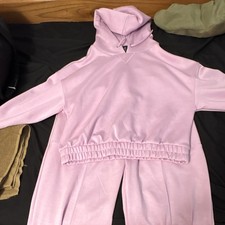 Womens Pink 2pc Fleece Sweatsuit Set Hoodie Pants Pockets Drawstring M