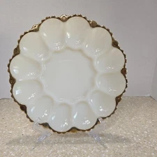 Anchor Hocking Fire King Milk White Deviled Egg Plate with Gold Trim 10 In