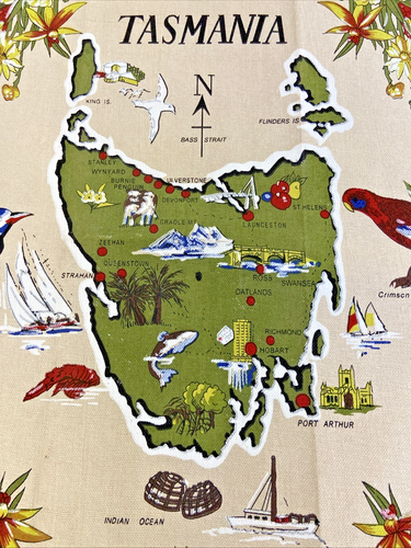 Vintage Tassile Souvenirs Tea Towel Tasmania Australia Pattern Kitchen Bird Art - Picture 7 of 20