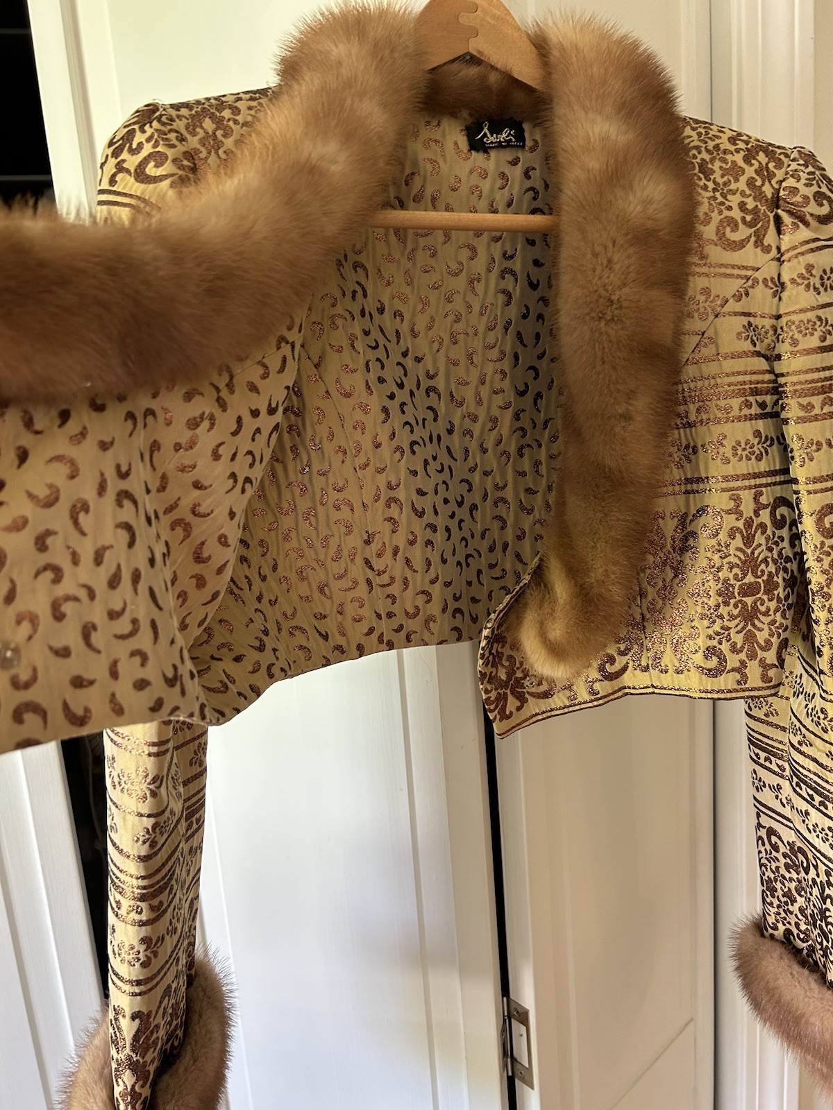 Vintage Fausto Sarli 3 Piece Fox Fur Lined Brocade Blazer Outfit Italian Design 