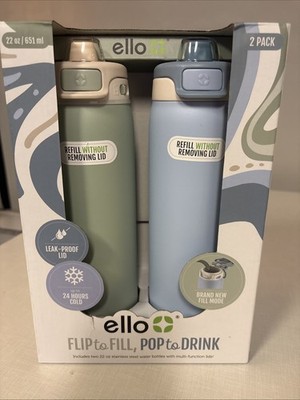 Ello Flip To Fill 22oz 2-Pack Stainless Steel Water Bottle  Lock Lid 24hrs Cold