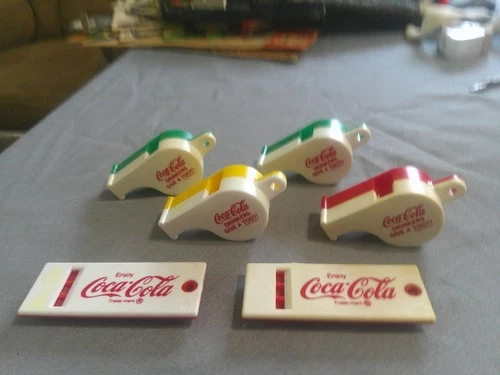 SIX COCA-COLA VINTAGE PLASTIC WHISTLES-ALL WORK