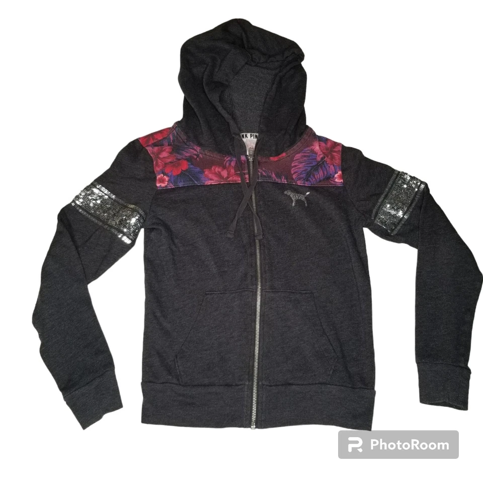 粉色 VS Victorias 秘密亮片闪亮连帽衫全拉链灰色花卉 XS y2k — 第 2/4 张图片