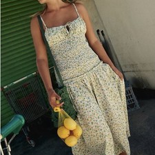 Free People Lavender Daze Green Dress Size L Cottage Core Drop Waist Smocked