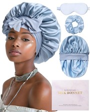Mulberry Silk Bonnet for Sleeping Women Curly Hair One Size, 3 Set - Blue