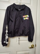 Looney Tunes childrens Cartoon Graphic Windbreaker Jacket Black  Zip Drawstring.
