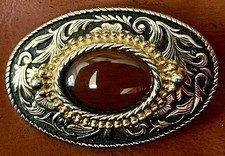 Vintage Western Cowboy Belt Buckle Ornate Floral Engraved Gold Tone Brown Stone