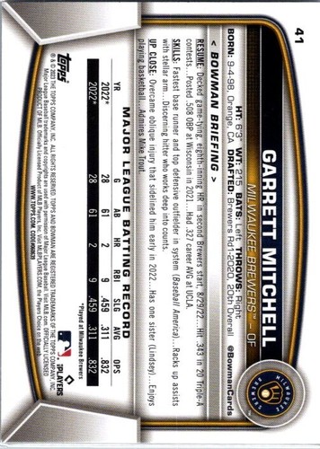 Garrett Mitchell 2023 Topps Series 2/Bowman RC Milwaukee Brewers 2-Card Lots - Picture 5 of 10