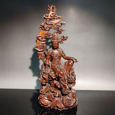 9" Chinese Boxwood Buddha Wooden Statue Antique Free Kwan Yin Carved Home Decor