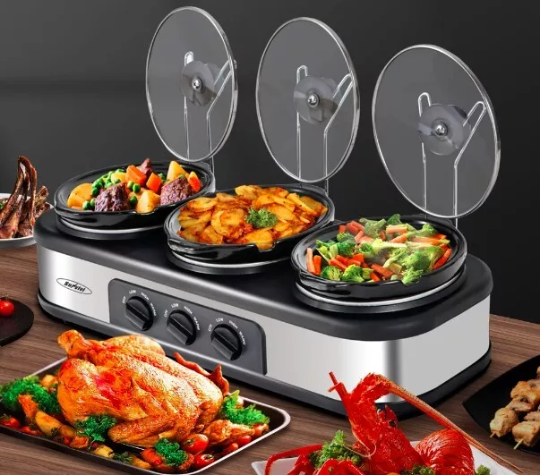 Triple Slow Cooker with 3 Spoons 3 Pot 1.5 Quart Oval Crock Food Warmer Buffet