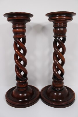 PAIR 15'' Wood Open Barley Twist Candle Holder 1950s Vintage Brass Drip Tray