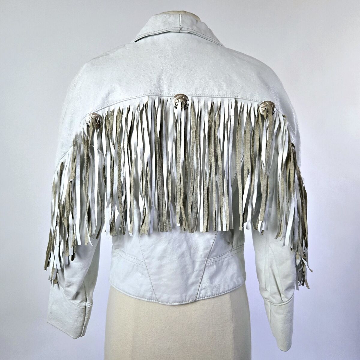 Vtg 80s Phoenix White Leather Cropped Tassel Fringe Concho Vtg 80s Phoenix White Leather Cropped Tassel Fringe Concho