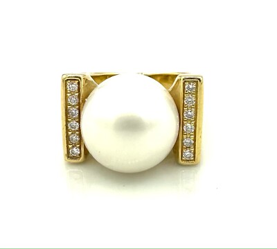 Bague En Or 18 Carats Avec Perle Et Diamants 0.14ct - Poids 2.50g - Taille 54 - Occasion