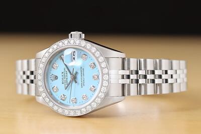 ROLEX LADIES DATEJUST 79174 NO HOLES AQUA BLUE DIAL 18K GOLD STEEL