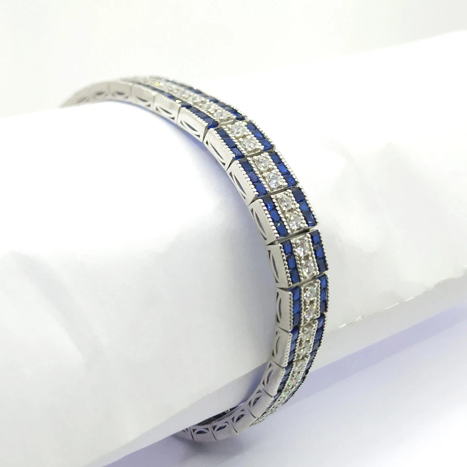 Men's Vintage Art Deco Princess Sapphire 18K White Gold Plated Brass Bracelet 8" - Image 4 of 4