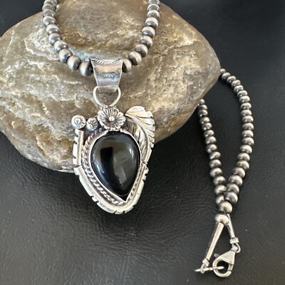Native Mens Pendant Navajo Pearls Sterling Silver Black Onyx