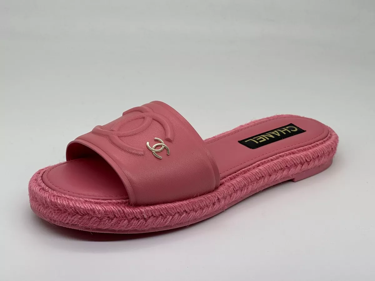 CHANEL 23C CC Leather Flat Slide Mules Espadrille Sandals Shoes Pink