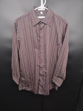 Geoffrey Beene Men's Medium 15.5 Button-Up Shirt Striped Brown Wrinkle-Free