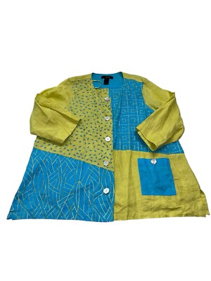 Ali Miles Women 1X Tunic Top Linen Lagenlook  Embroidered Patchwork Color Block
