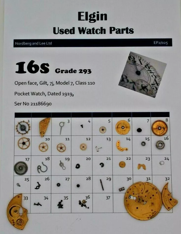Elgin Used Watch Parts 16 16s Grade 293 Model 7 Ser No 21186690