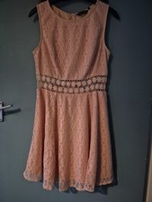 New Look Size 12 Pink Lace Crochet Sleeveless Knee Length Shift Dress (218/v)