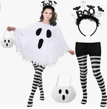 Ghost Costume Set 4 Pcs for Adults Women with Poncho, Bag, Headband Tights Hal
