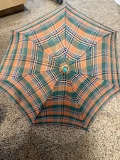 Vintage Child Size Plaid Cloth Umbrella 1950s With Wooden Handle 18.5 In
