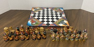 Vintage Handmade Chess Set Aztec Mayan Incas VS Spanish Conquistadors 10x10"