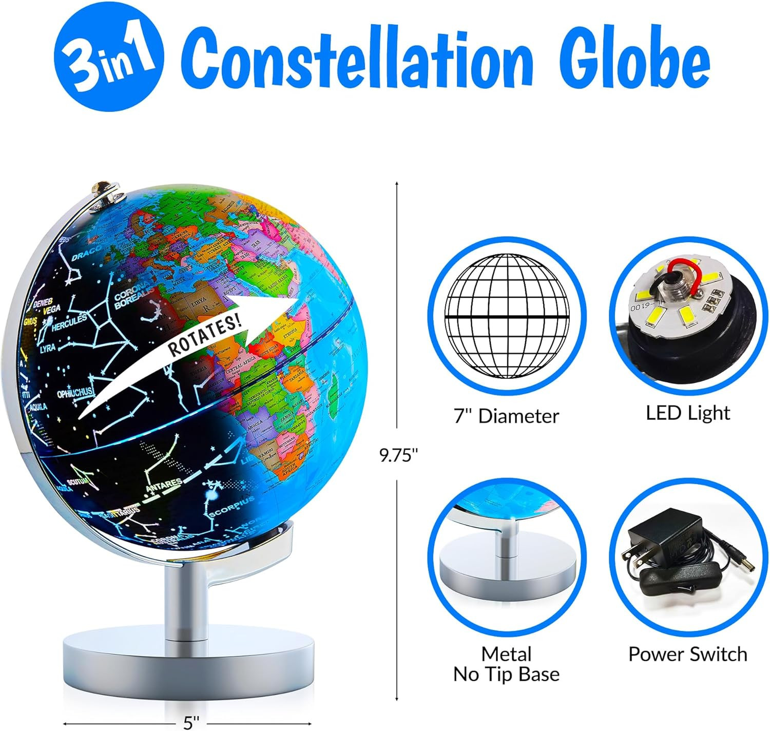 USA Toyz Illuminated Globe for Kids Learning- 3-in-1 STEM Globes of the World wi
