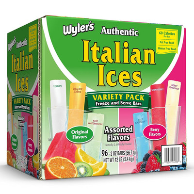Authentic Italian Ice, Fat Free Freezer Bars, Assorted Flavors (96Ct - 2Oz Bars)