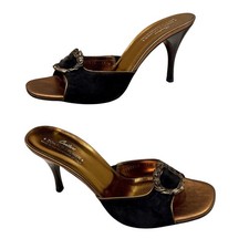 Donald Pliner Shoe Slide Black Suede Bronze Metal Buckle Rhinestones 295 NWT