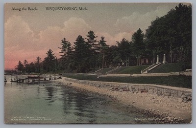 Along The Beach Wequetonsing Michigan Hand Colored Albertype Postcard