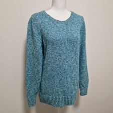 LL Bean Sweater Womens M Teal Spackled Knit Crewneck Pullover Ribbed Hem Cotton