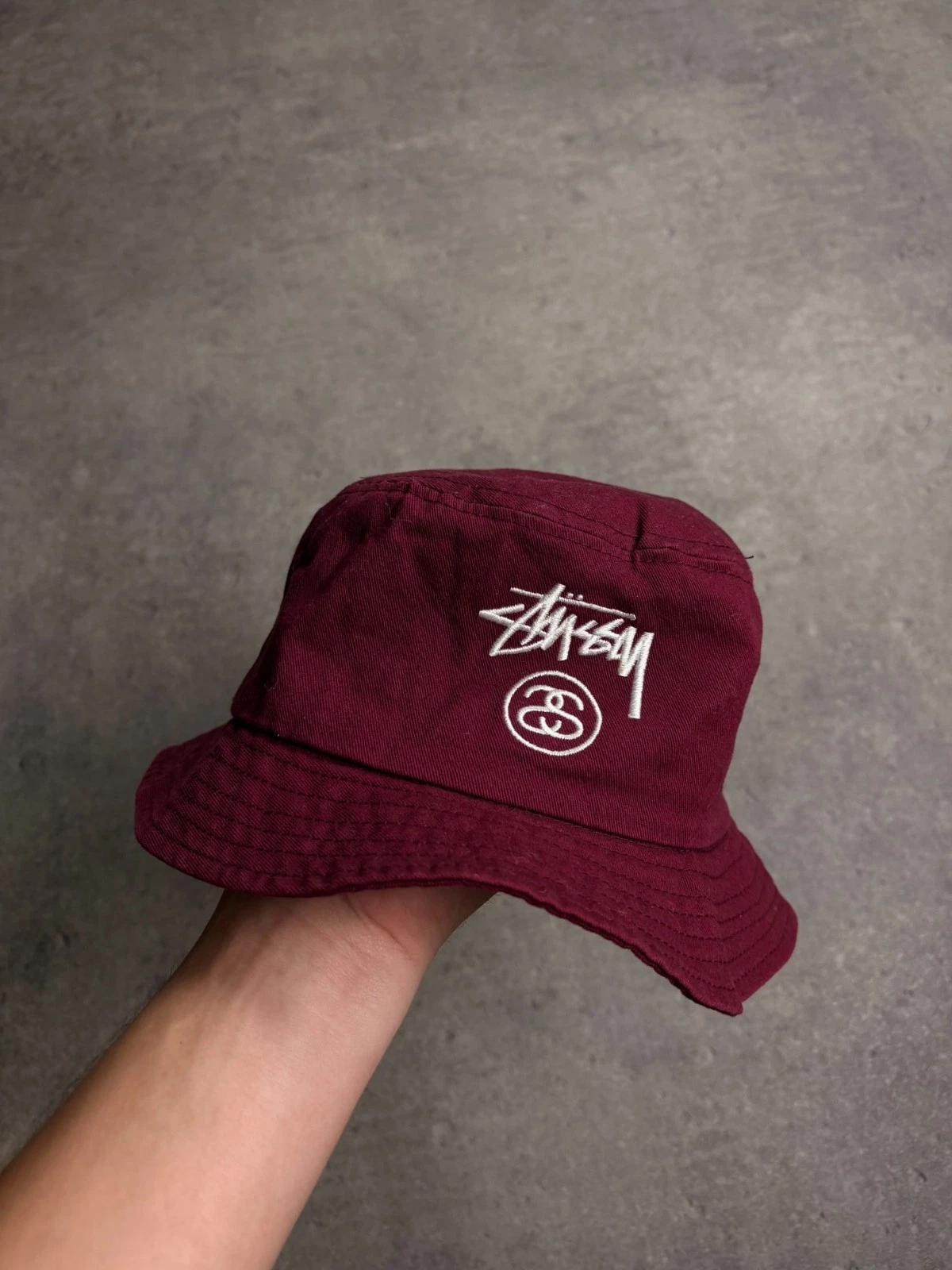 Stussy Burgundy Cotton Embroidered Logo Bucket Hat S/M