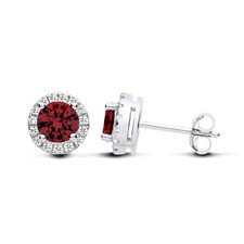 Sterling Silver 925 simulated Ruby & CZ Halo Cluster Round Stud Ladies Earrings