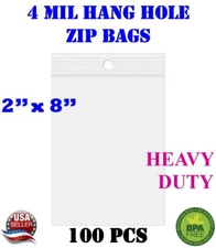 100 - 2" x 8" Zip Seal Reclosable 4Mil Top Lock Bags Hang Hole Heavy Duty