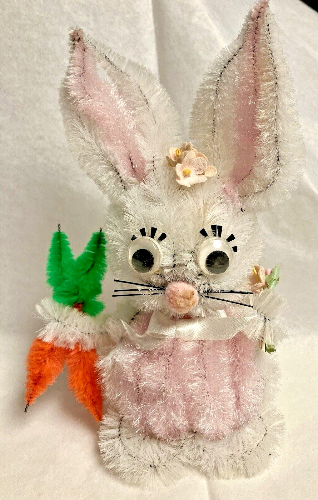 Vintage 70's Pipe Cleaner Easter Bunny Rabbit Figurine Holding Carrots