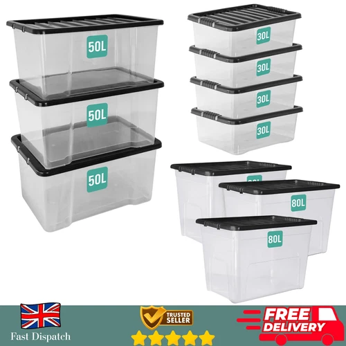 Heavy Duty Clear Plastic Storage Boxes with Lids Set of 3 Stackable | 3 Sizes