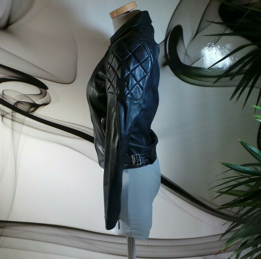 DESIGNER RARE BLUE Barbour REAL LEATHER FITTED BIKER JACKET COAT SIZE 14 image 4