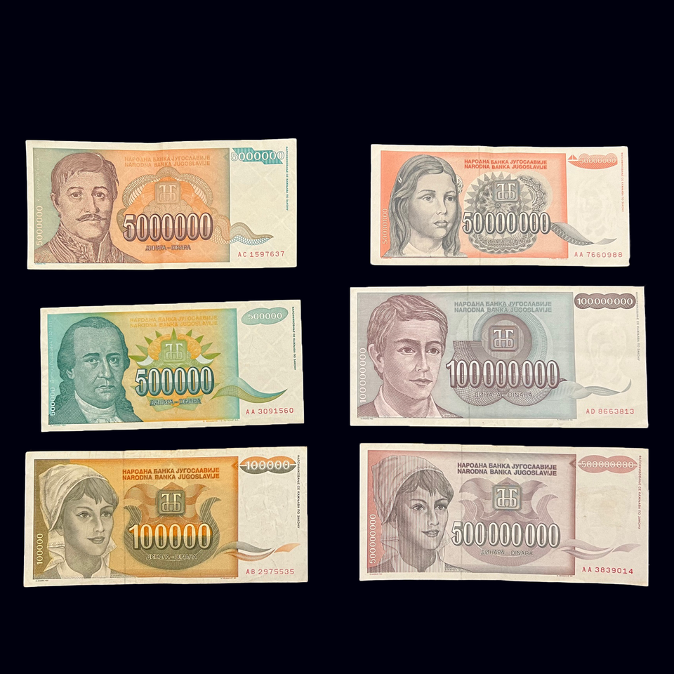 Yugoslavia (1993) Set of 6 hyperinflation banknotes, Hobbies & Toys