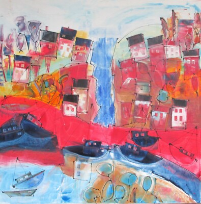 Ölbild wilde rote Stadt original 100x100cm Kunstakademie Düsseldorf